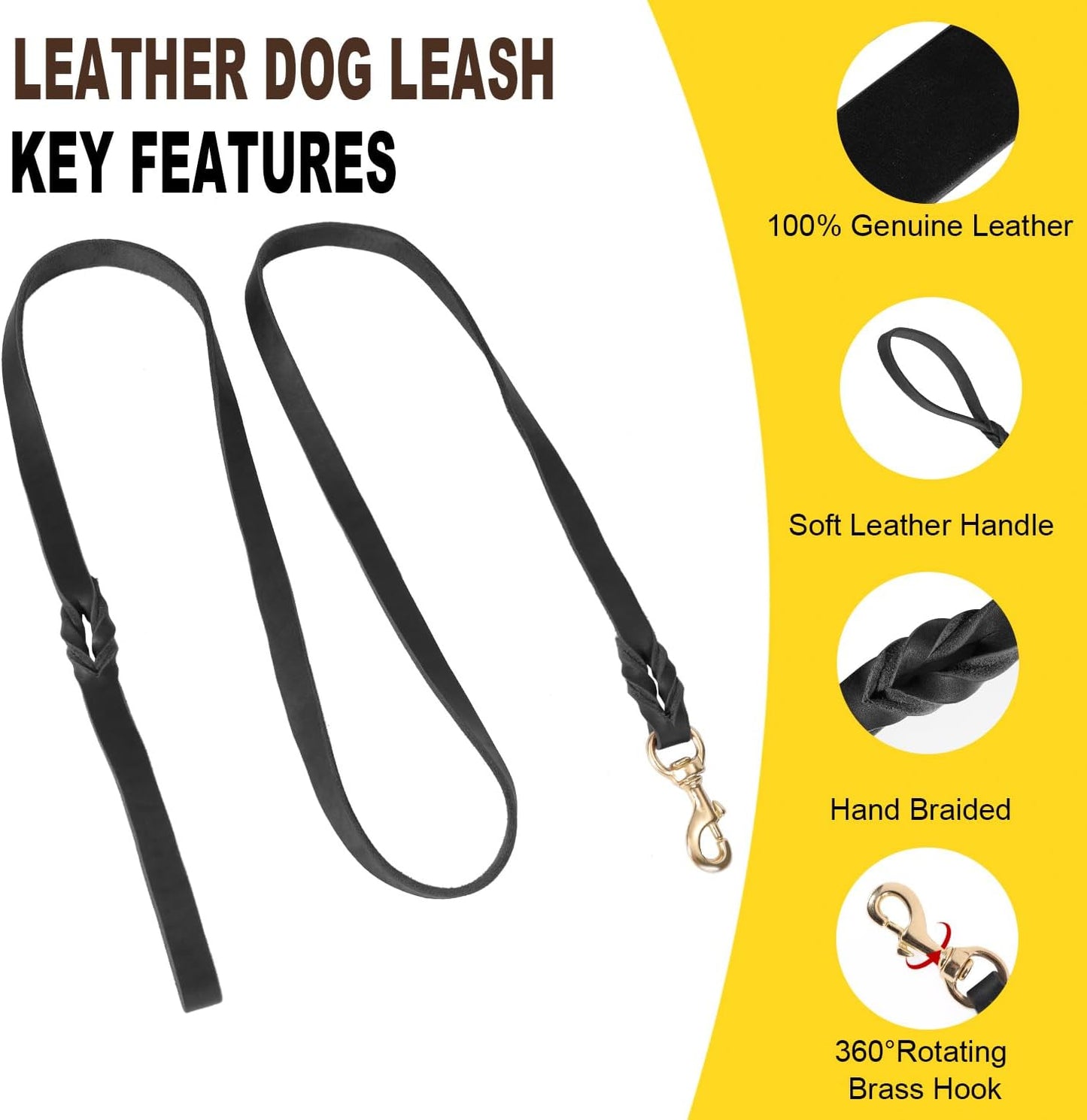 Heavy Duty 5FT Leather Dog Collar and Leash Set with Metal Buckle