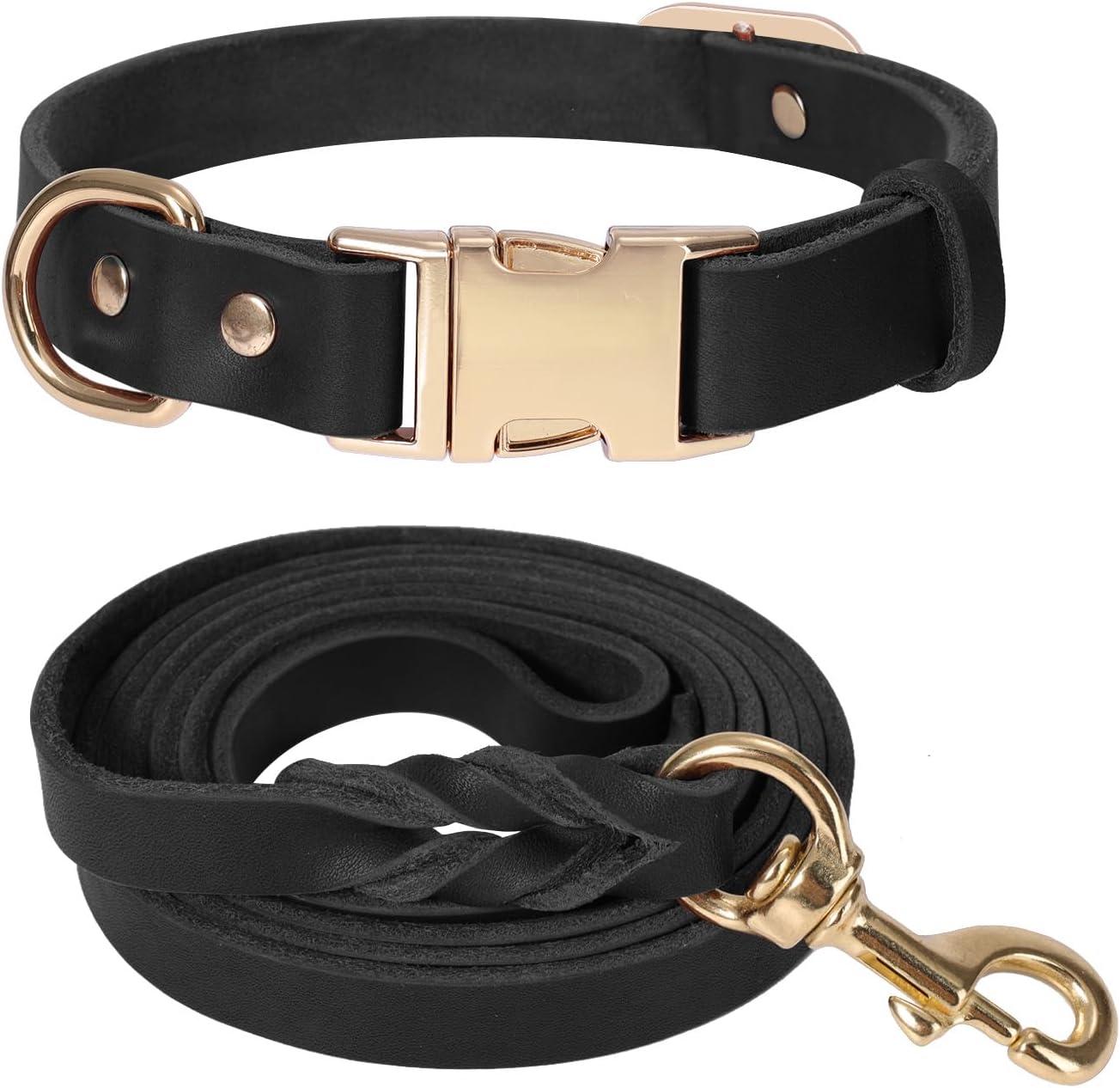 Heavy Duty 5FT Leather Dog Collar and Leash Set with Metal Buckle