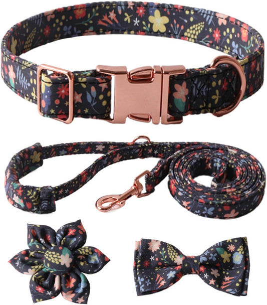 Dog Collar+Leash+Necktie Set Adorned With Flower Bow